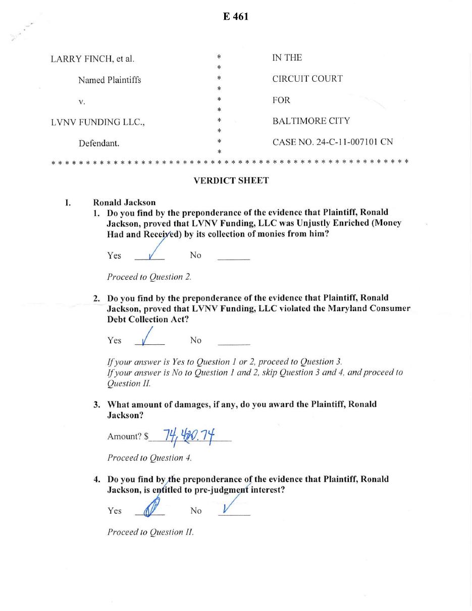 Finch v. LVNV Funding jury verdict form