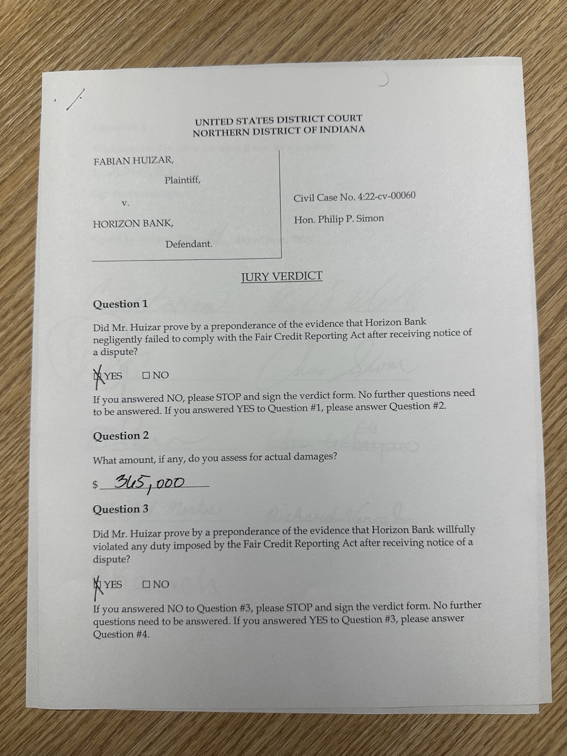 Huizar v. Horizon Bank jury verdict form