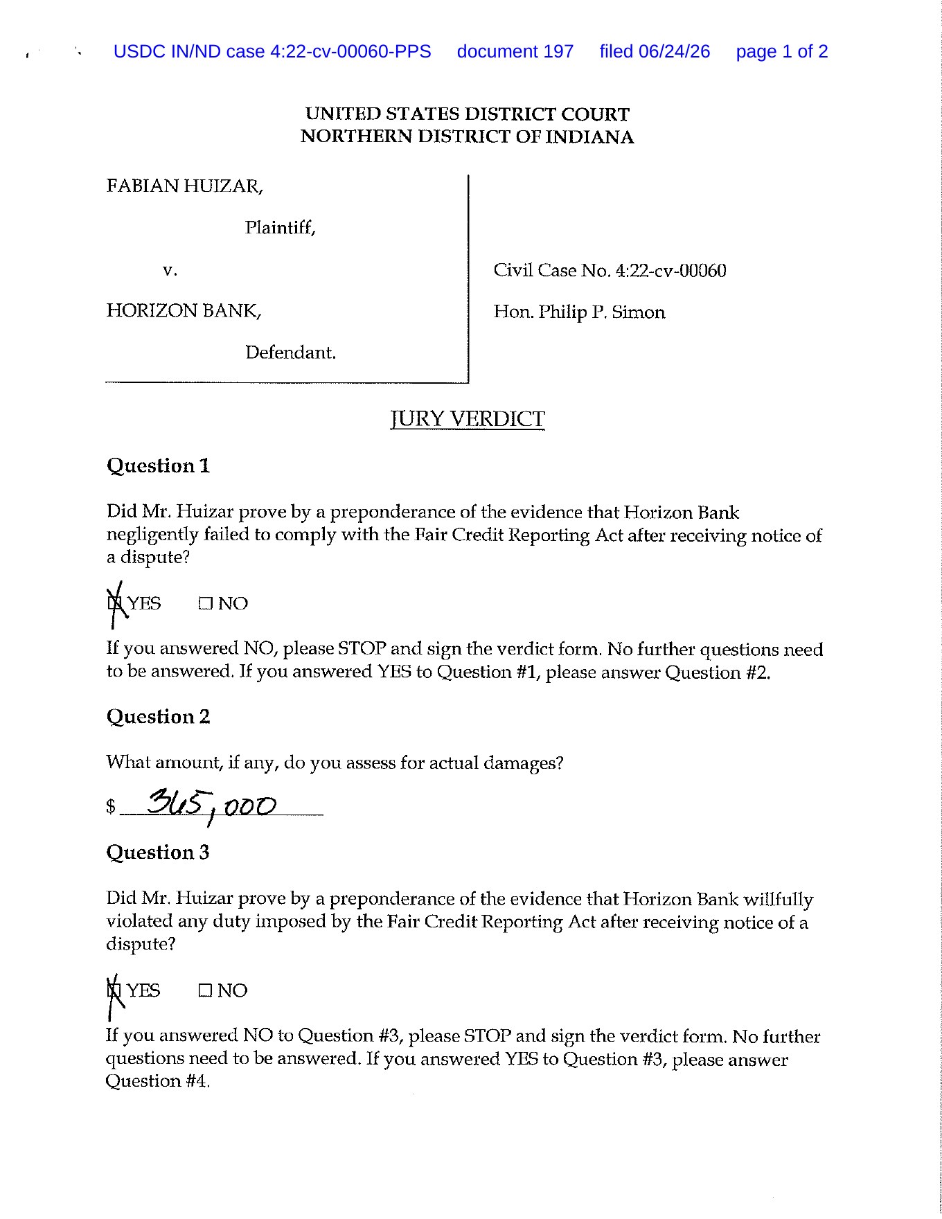 Filed Huizar v. Horizon Bank jury verdict form