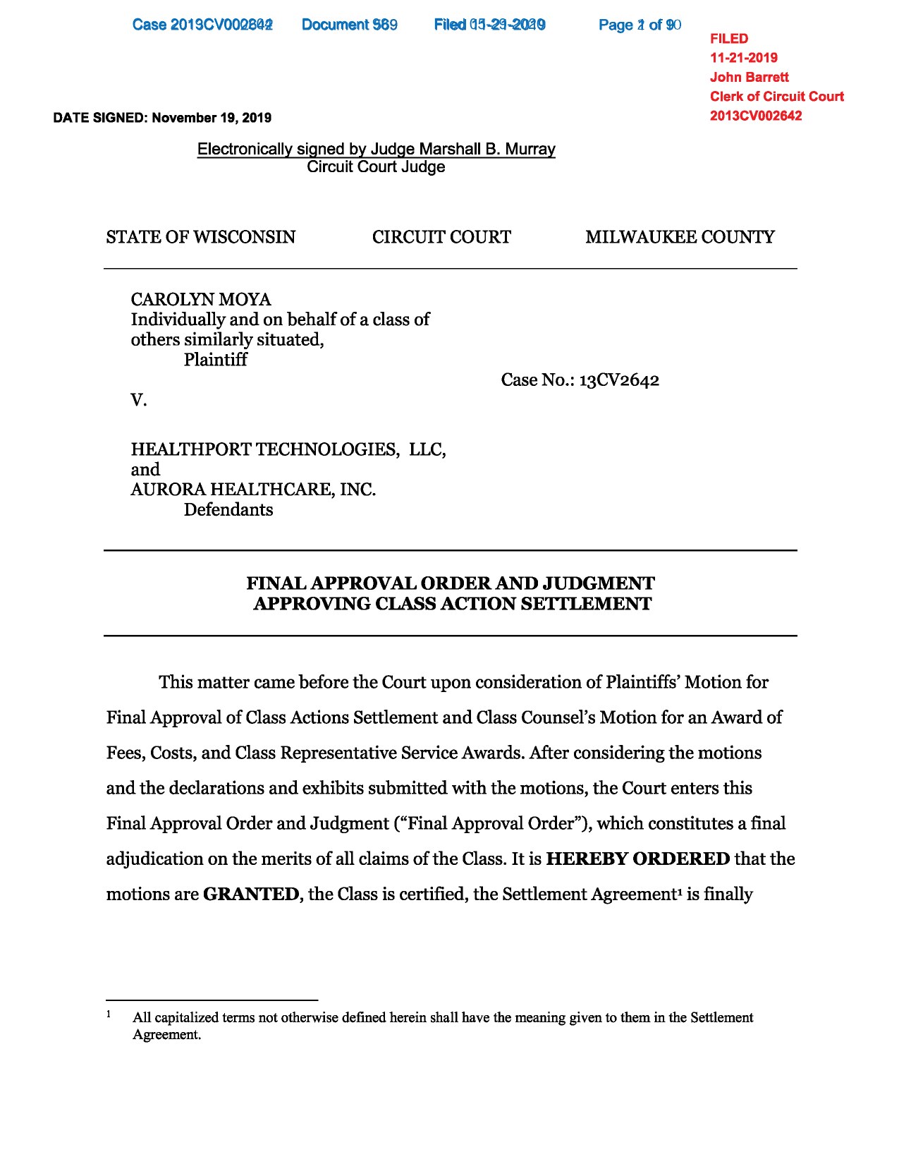 Moya final approval order and judgment