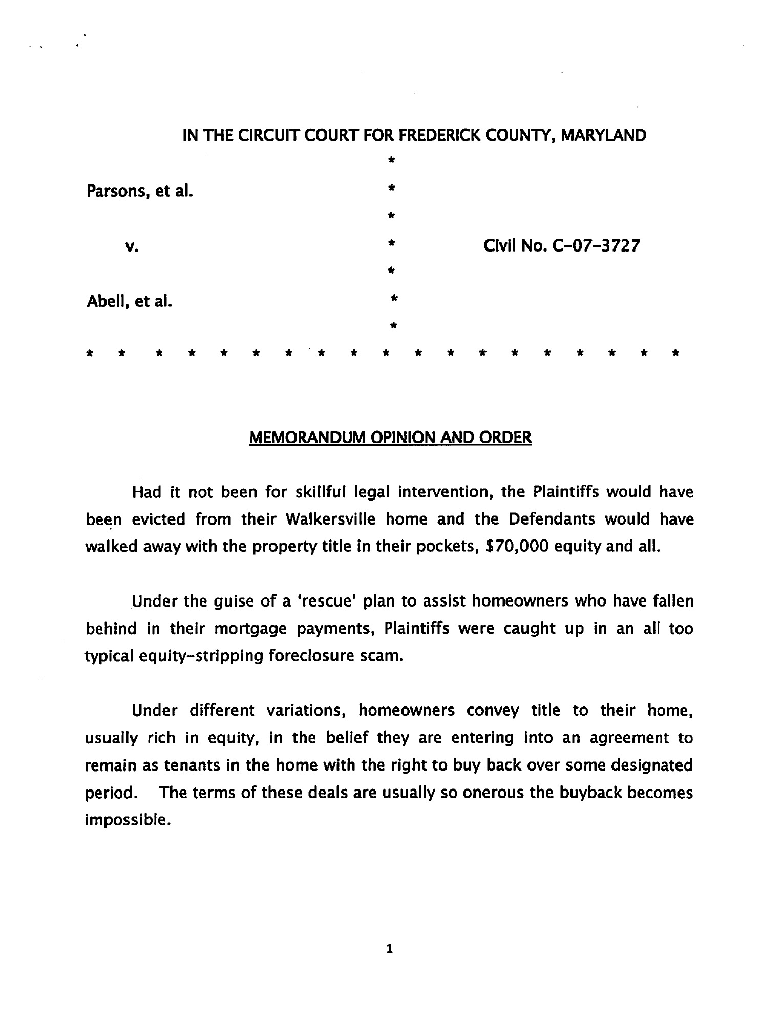 First page of the Parsons memorandum opinion and order